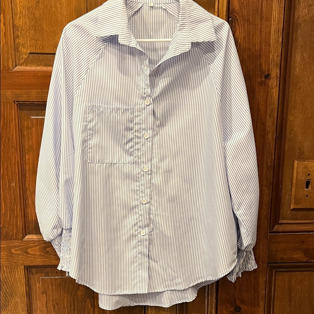 Light Blue Pinstripe Button-Up Blouse